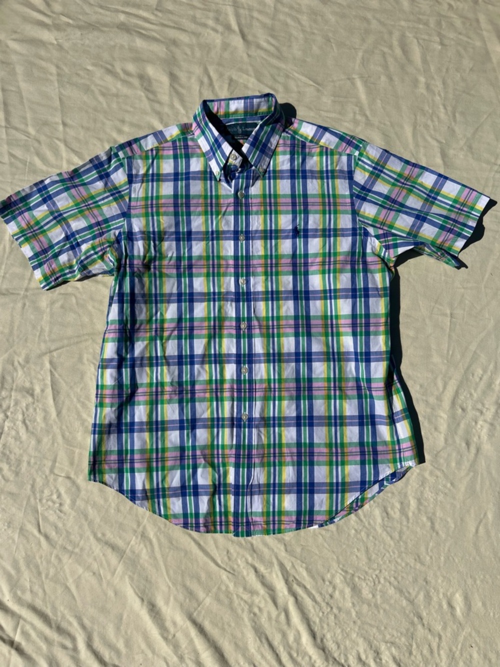 Men's Short-Sleeve Plaid Button-Down Shirt in Blue/Green